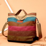 Women Canvas Contrast Color Striped Shoulder Bags Leisure Crossbody Bags Large Capacity Handbags