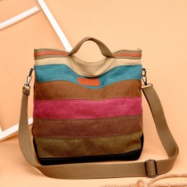Women Canvas Contrast Color Striped Shoulder Bags Leisure Crossbody Bags Large Capacity Handbags