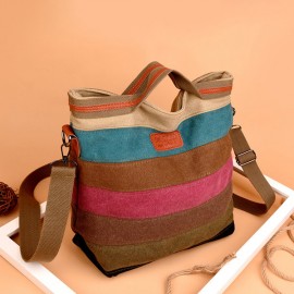 Women Canvas Contrast Color Striped Shoulder Bags Leisure Crossbody Bags Large Capacity Handbags