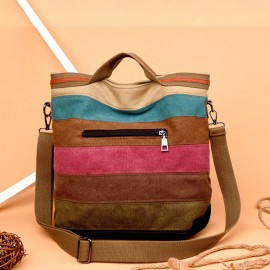 Women Canvas Contrast Color Striped Shoulder Bags Leisure Crossbody Bags Large Capacity Handbags