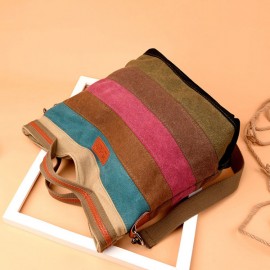 Women Canvas Contrast Color Striped Shoulder Bags Leisure Crossbody Bags Large Capacity Handbags