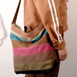 Women Canvas Contrast Color Striped Shoulder Bags Leisure Crossbody Bags Large Capacity Handbags