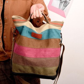 Women Canvas Contrast Color Striped Shoulder Bags Leisure Crossbody Bags Large Capacity Handbags