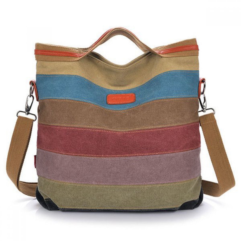 Women Canvas Striped Contrast Color Canvas Crossboby Bags