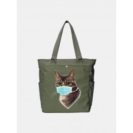 Women Cat Pattern Mask Casual Canvas Shoulder Bag