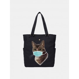 Women Cat Pattern Mask Casual Canvas Shoulder Bag
