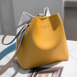 Women Contrast Bucket Bag PU Leather Casual Handbag Leisure Crossbody Bag