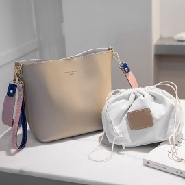 Women Contrast Bucket Bag PU Leather Casual Handbag Leisure Crossbody Bag