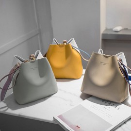 Women Contrast Bucket Bag PU Leather Casual Handbag Leisure Crossbody Bag