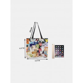 Women Cotton Linen Cat Print Handbag Tote