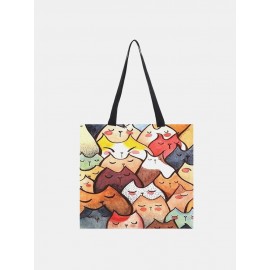 Women Cotton Linen Cat Print Handbag Tote