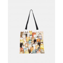 Women Cotton Linen Cat Print Handbag Tote