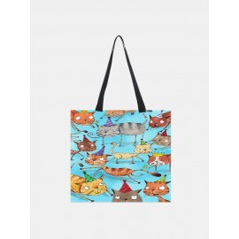 Women Cotton Linen Cat Print Handbag Tote
