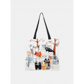 Women Cotton Linen Cat Print Handbag Tote