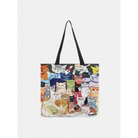 Women Cotton Linen Cat Print Handbag Tote