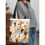 Women Cotton Linen Cat Print Handbag Tote