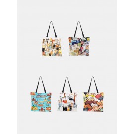 Women Cotton Linen Cat Print Handbag Tote