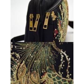 Women Ethnic Embroidered Canvas Peacock Crossbody Bag Shoulder Bag