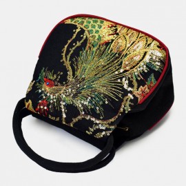 Women Ethnic Embroidered Sequined Canvas Peacock Handbag