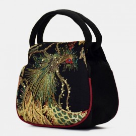 Women Ethnic Embroidered Sequined Canvas Peacock Handbag