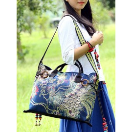 Women Ethnic Peacock Embroidery Tassel Handbag Tote