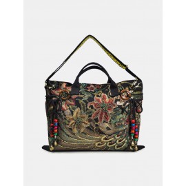 Women Ethnic Peacock Embroidery Tassel Handbag Tote
