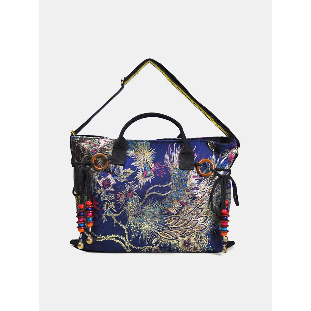 Women Ethnic Peacock Embroidery Tassel Handbag Tote