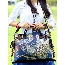 Women Ethnic Peacock Embroidery Tassel Handbag Tote
