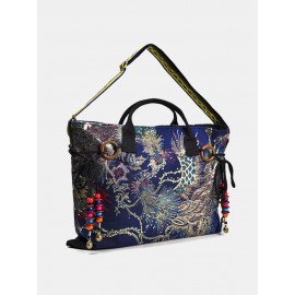 Women Ethnic Peacock Embroidery Tassel Handbag Tote