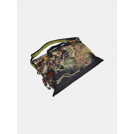 Women Ethnic Peacock Embroidery Tassel Handbag Tote