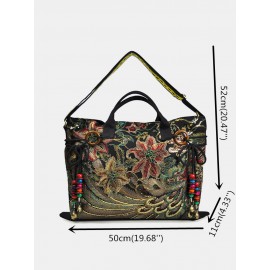 Women Ethnic Peacock Embroidery Tassel Handbag Tote