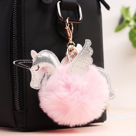 Women Faux Fur Unicorn Bag Charm Cute Key Chain