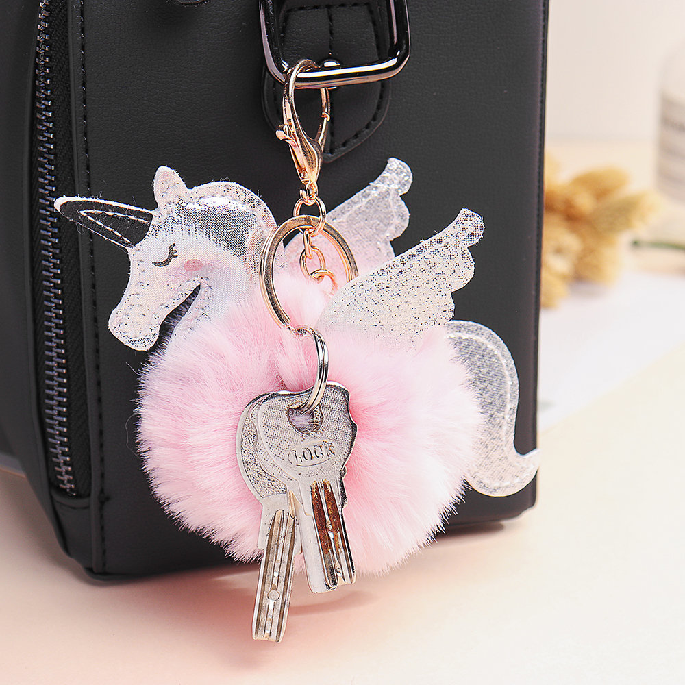 Women Faux Fur Unicorn Bag Charm Cute Key Chain