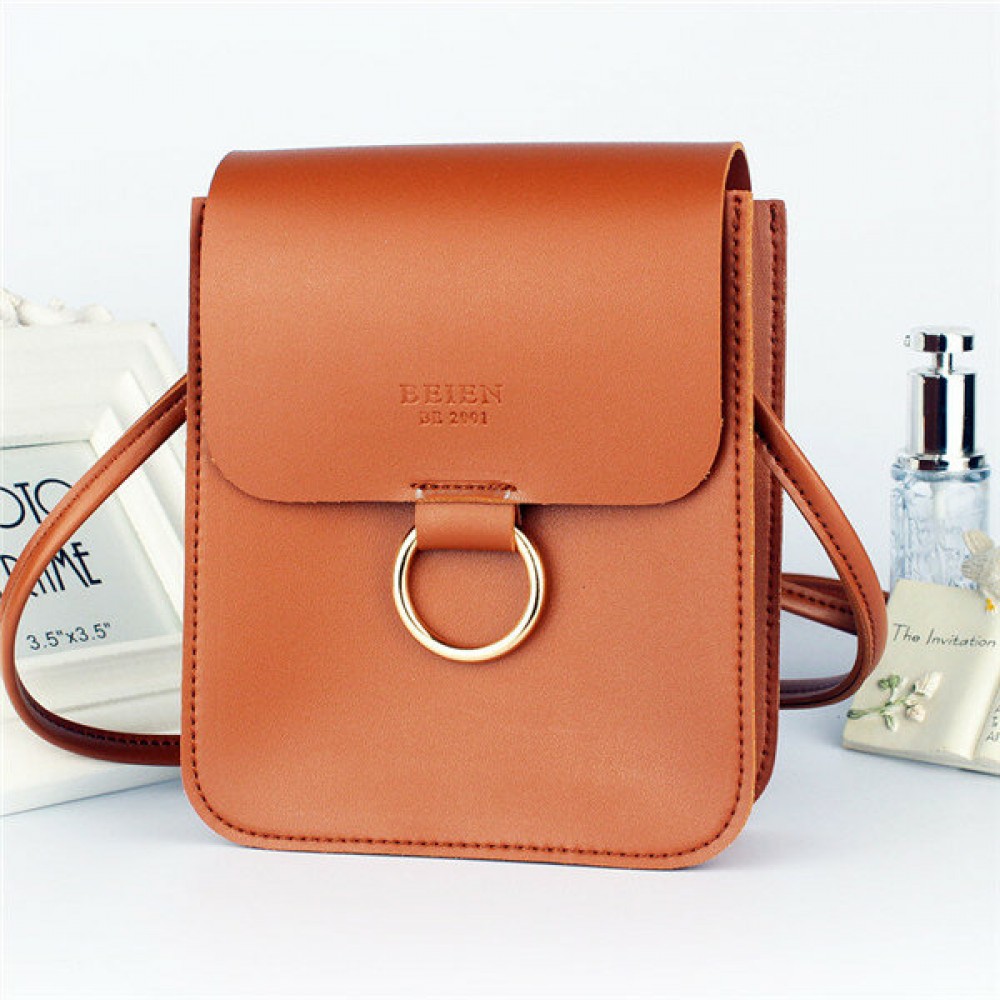 Women Faux Leather Mini Phone Purse 3 Layers Solid Casual Crossbody Bag