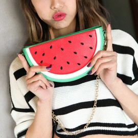 Women Faux Leather Orange Watermelon Semicircular Phone Bag Chain Shoulder Bag