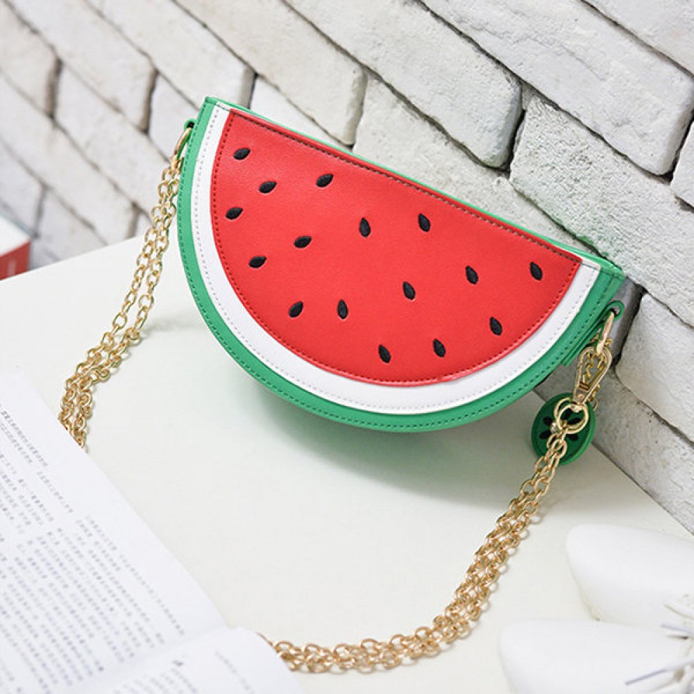 Women Faux Leather Orange Watermelon Semicircular Phone Bag Chain Shoulder Bag
