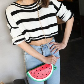Women Faux Leather Orange Watermelon Semicircular Phone Bag Chain Shoulder Bag