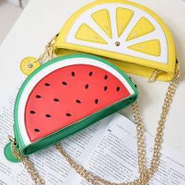 Women Faux Leather Orange Watermelon Semicircular Phone Bag Chain Shoulder Bag