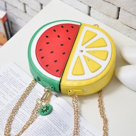 Women Faux Leather Orange Watermelon Semicircular Phone Bag Chain Shoulder Bag