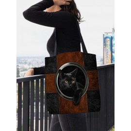 Women Felt Black Cat Print Handbag Tote