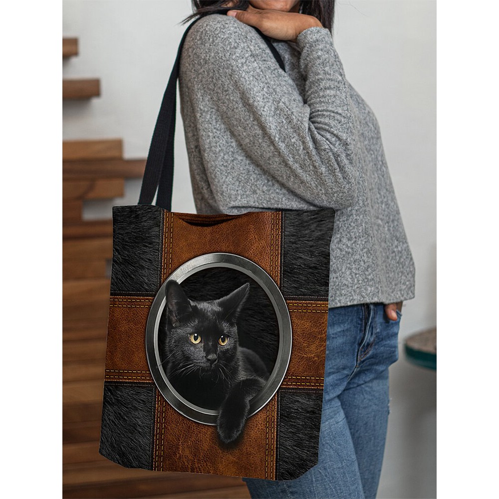 Women Felt Black Cat Print Handbag Tote