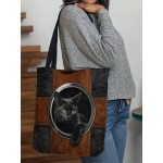 Women Felt Black Cat Print Handbag Tote