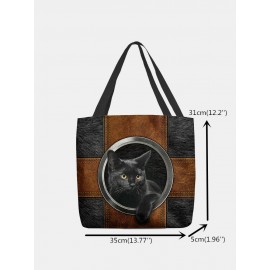 Women Felt Black Cat Print Handbag Tote