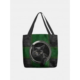 Women Felt Black Cat Print Handbag Tote