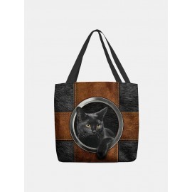 Women Felt Black Cat Print Handbag Tote