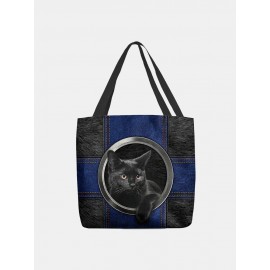 Women Felt Black Cat Print Handbag Tote