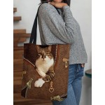 Women Felt Cat Print Handbag Shoulder Bag Tote