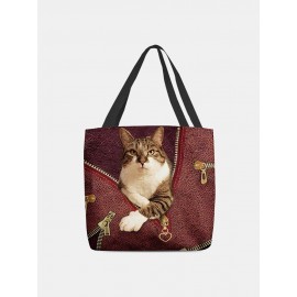 Women Felt Cat Print Handbag Shoulder Bag Tote