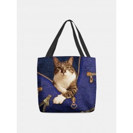 Women Felt Cat Print Handbag Shoulder Bag Tote