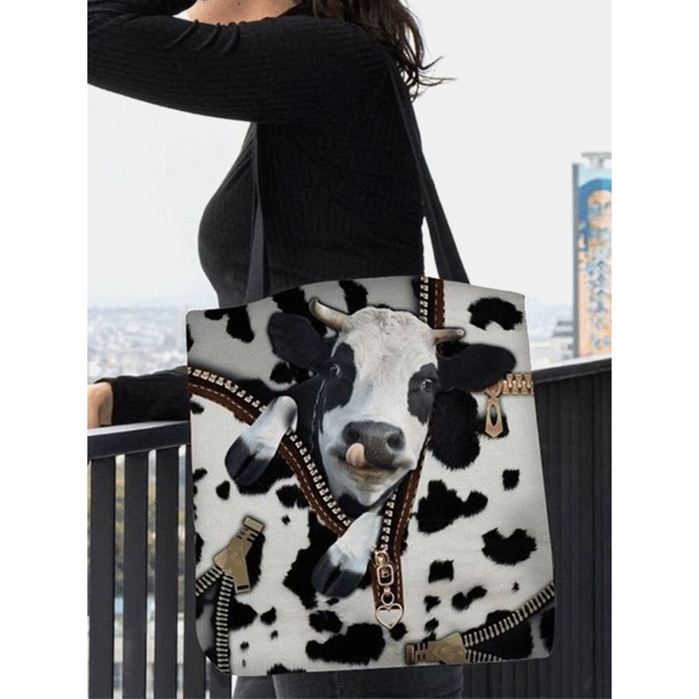 Women Felt Cow Pattern Printing Handbag Shoulder Bag Tote